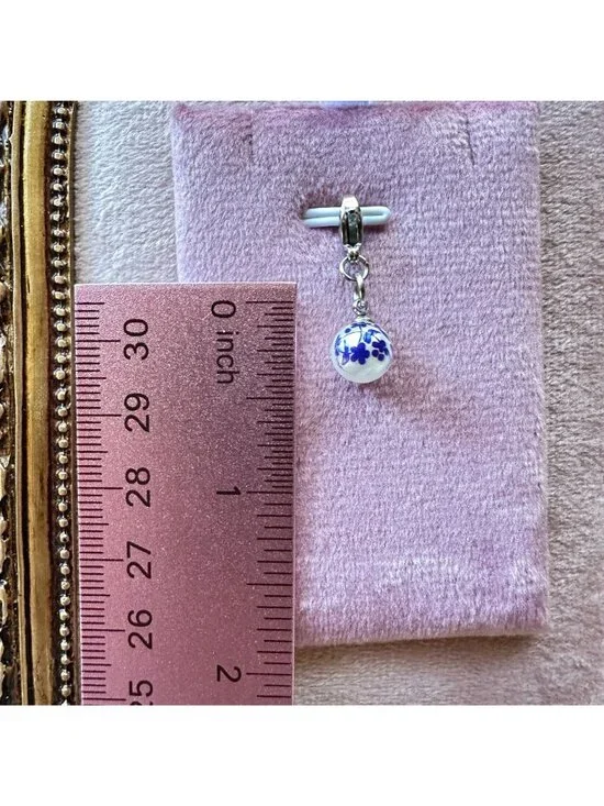 White Glass Pearl Charm With Blue Floral Print & Stainless Steel Lobster Clasp - Picture 6 of 10